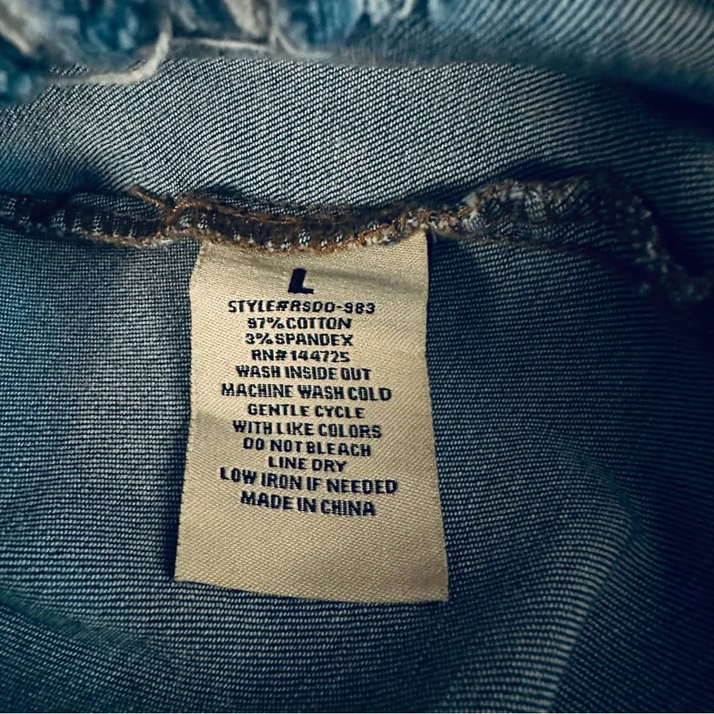 Denim Jumper Dress - Juniors Size Large- Zipper Front/ Distressed Blue Stretchy - Picture 13 of 15